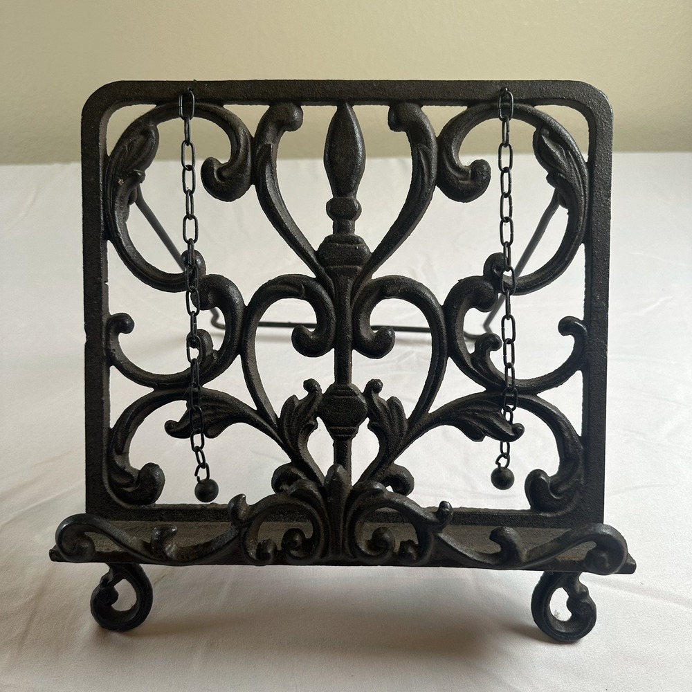 VTG Cast Iron Metal Cookbook Book Bible Stand Recipe Holder W Both Page Weights